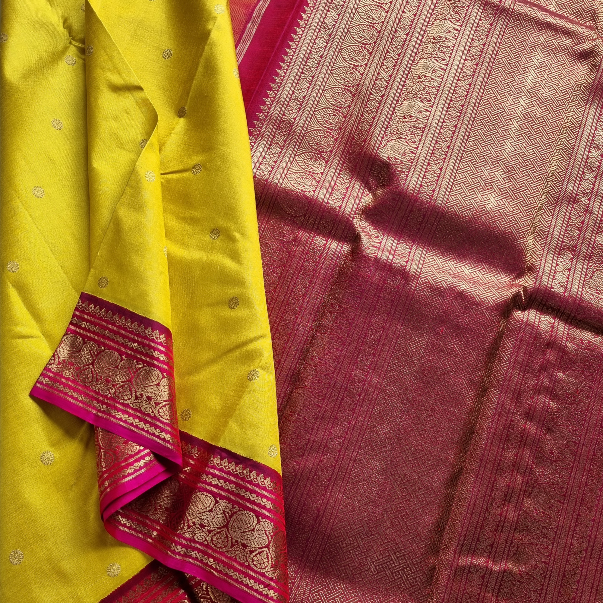 Kanjivaram Silk banana yellow and pink Korvai