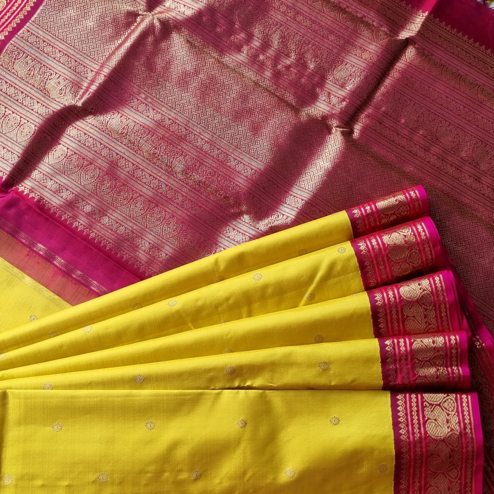 Image of Kanjivaram Silk banana yellow and pink Korvai