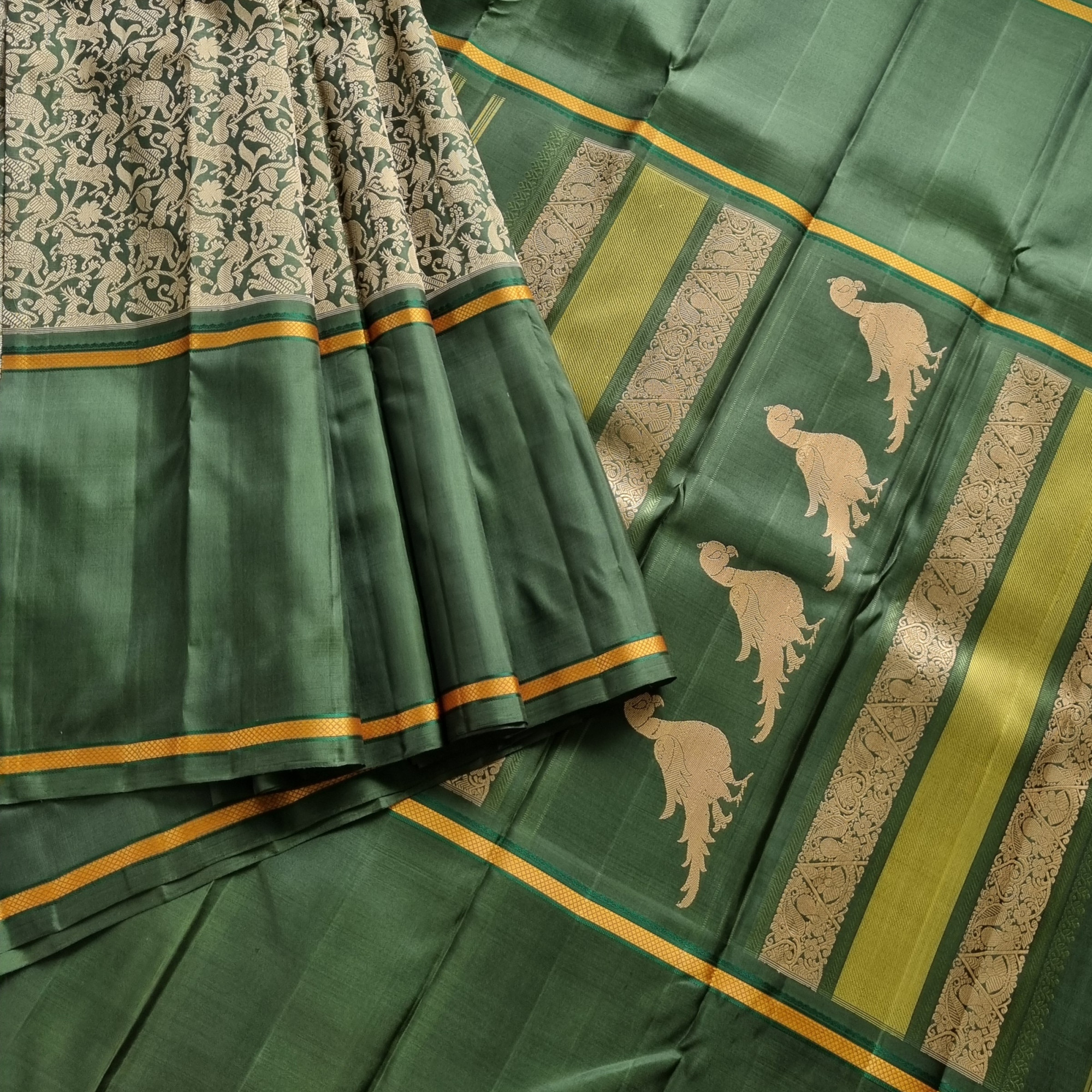Kanjivaram silk Vanasingaram green threadwork