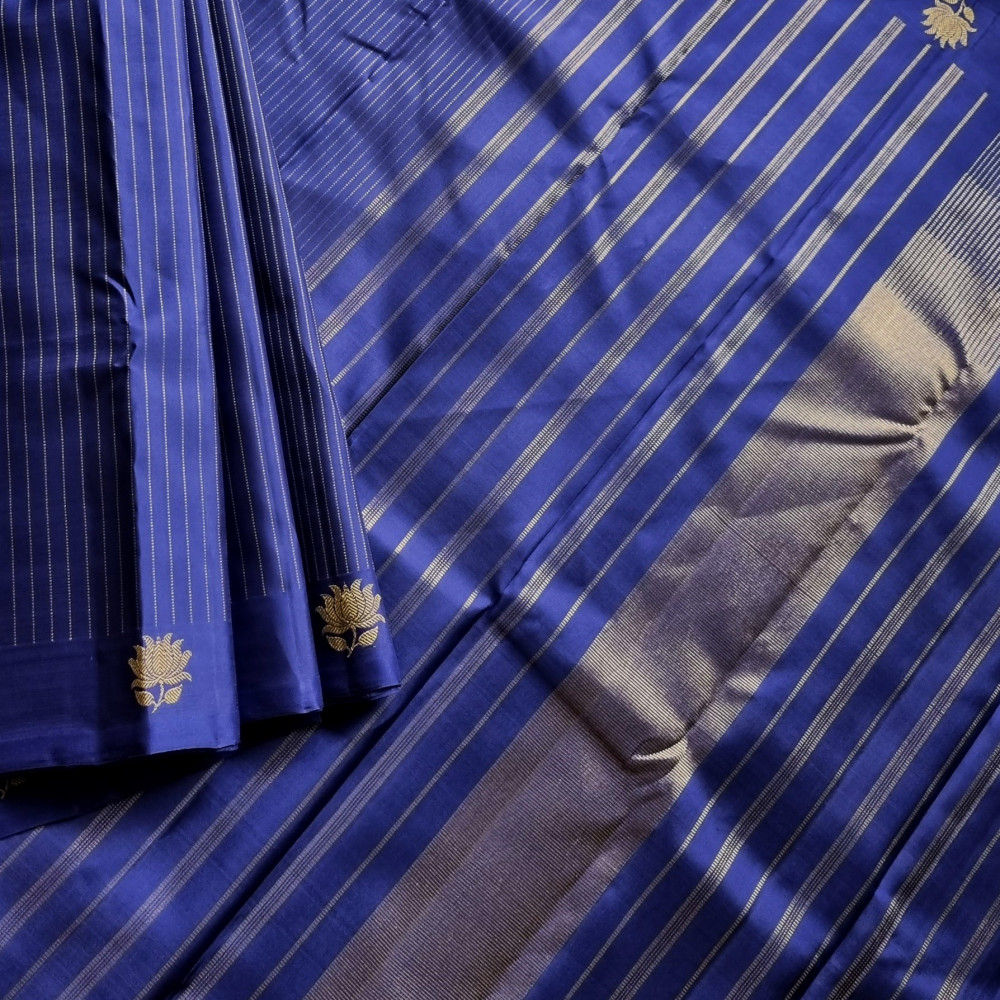 Image of Kanjivaram Silk blue with lotus motifs