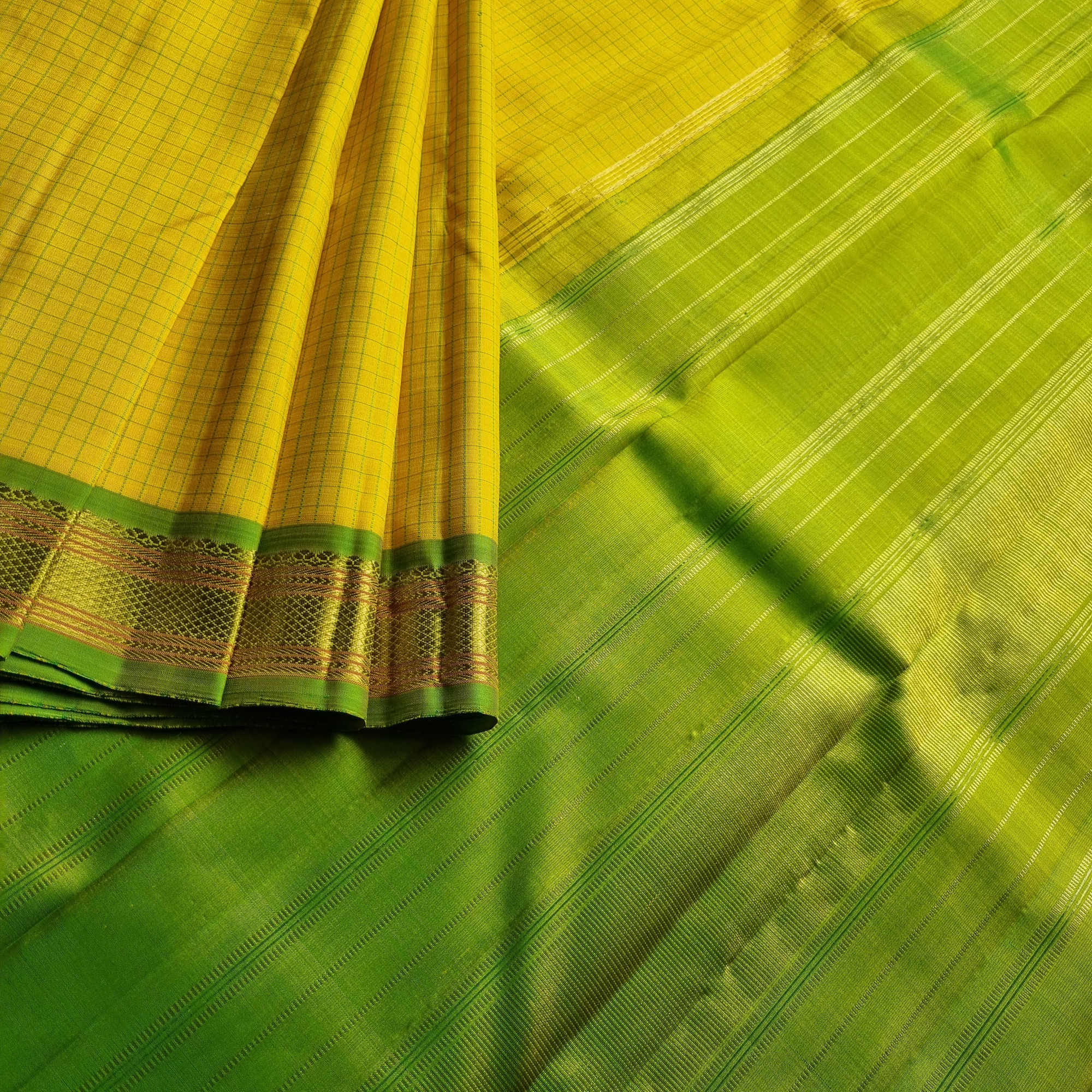 Kanjivaram Silk Classic Kattam yellow and green