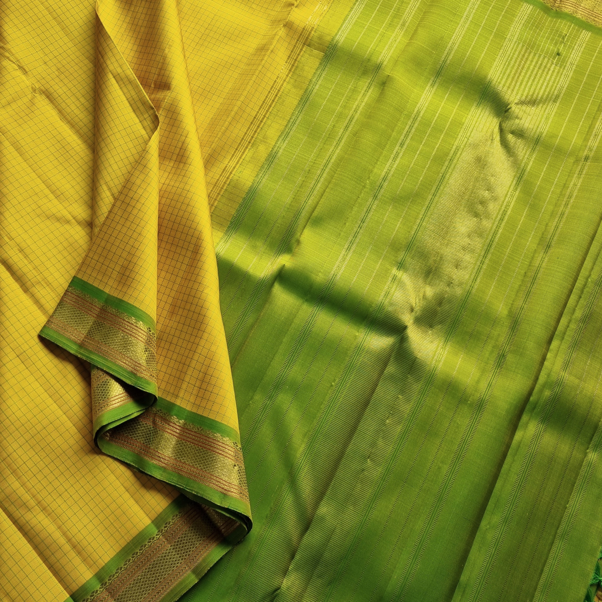 Kanjivaram Silk Classic Kattam yellow and green