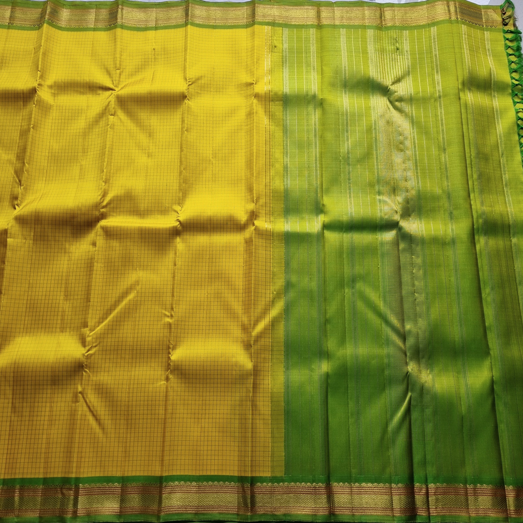 Kanjivaram Silk Classic Kattam yellow and green
