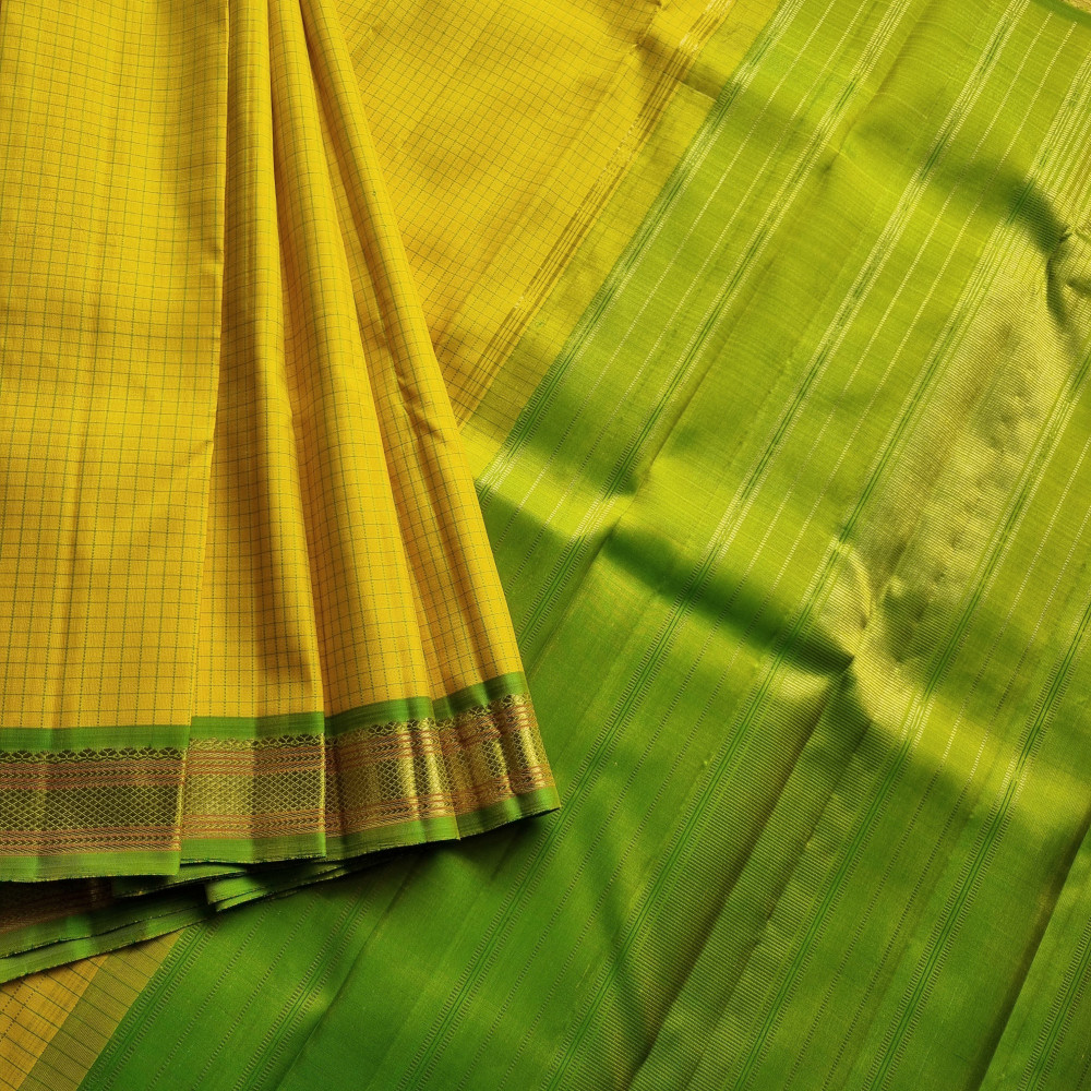 Image of Kanjivaram Silk Classic Kattam yellow and green