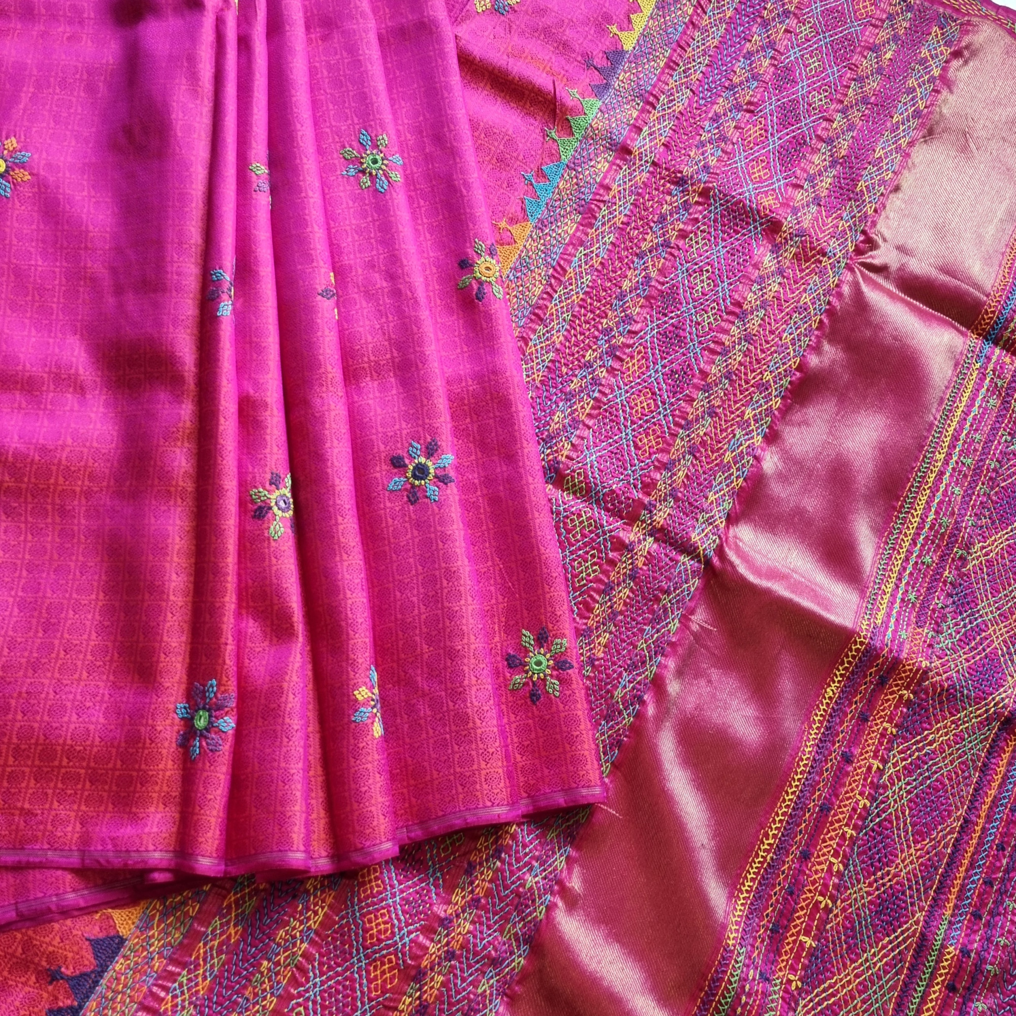 Lambani X Kanjivaram Silk  1000 buttas Mayil chakram pink