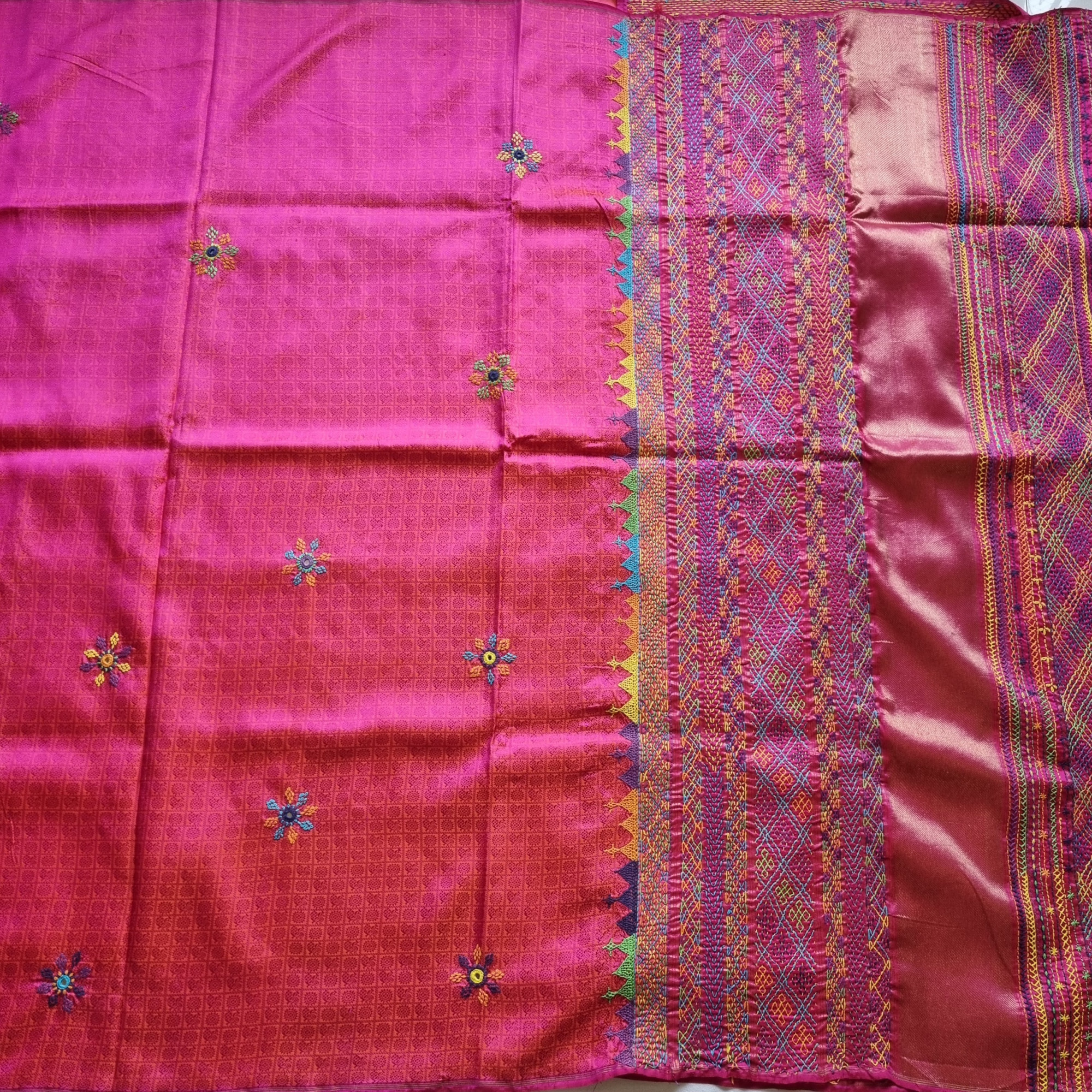 Lambani X Kanjivaram Silk  1000 buttas Mayil chakram pink