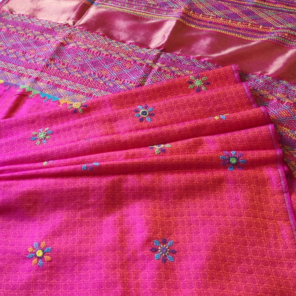 Image of Lambani X Kanjivaram Silk  1000 buttas Mayil chakram pink