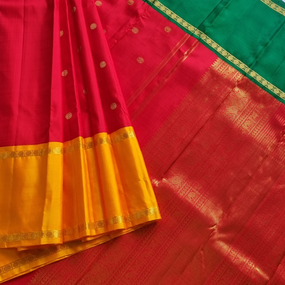 Image of Kanjivaram Silk  festive red with Korvai Ganga Jamuna borders