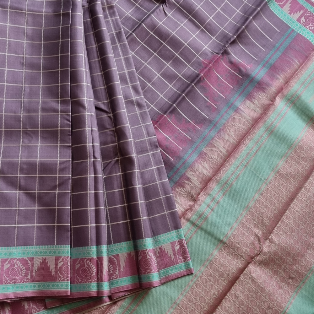 Image of Kanjivaram Silk taupe checked threadwork