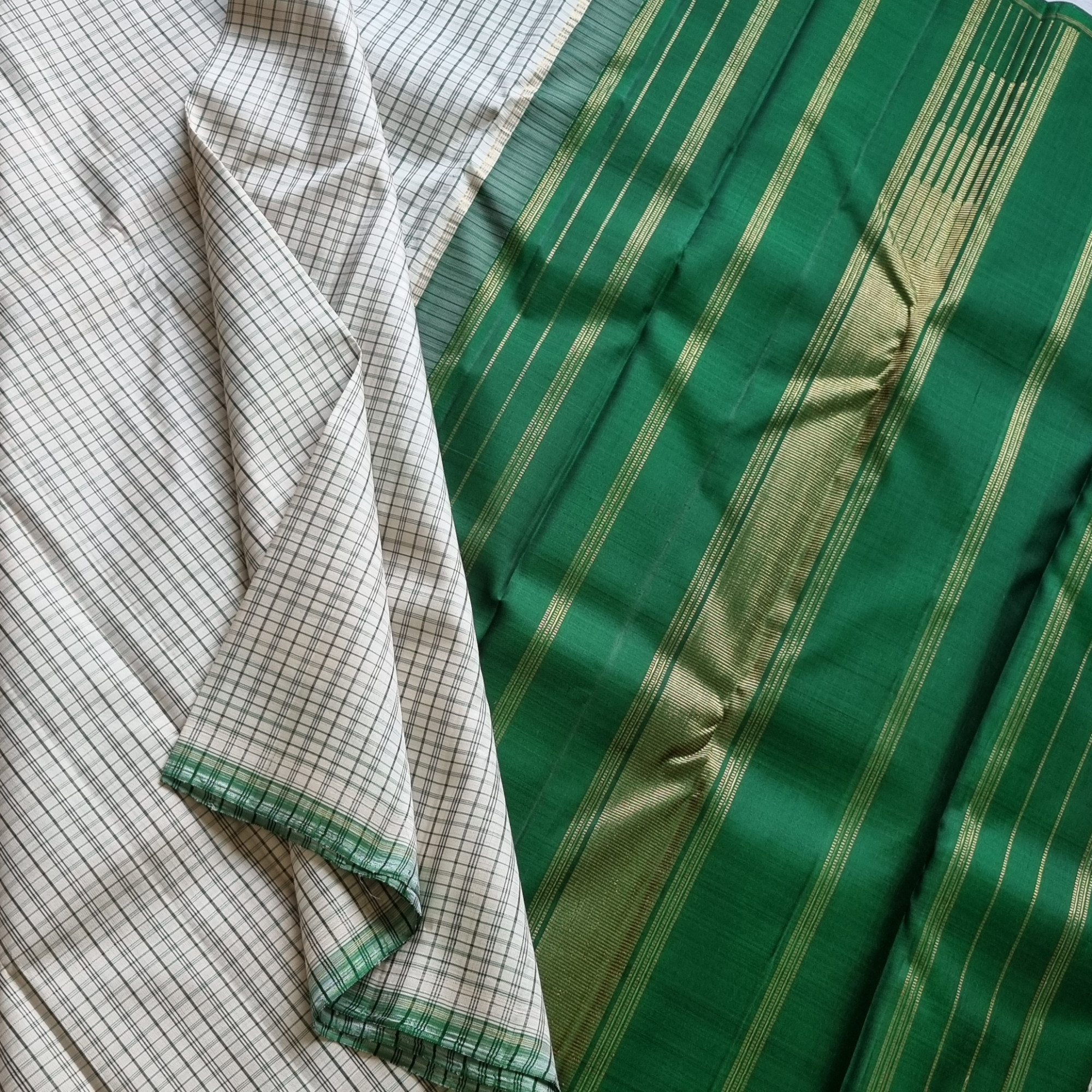 Kanjivaram Silk offwhite grids with green pallu
