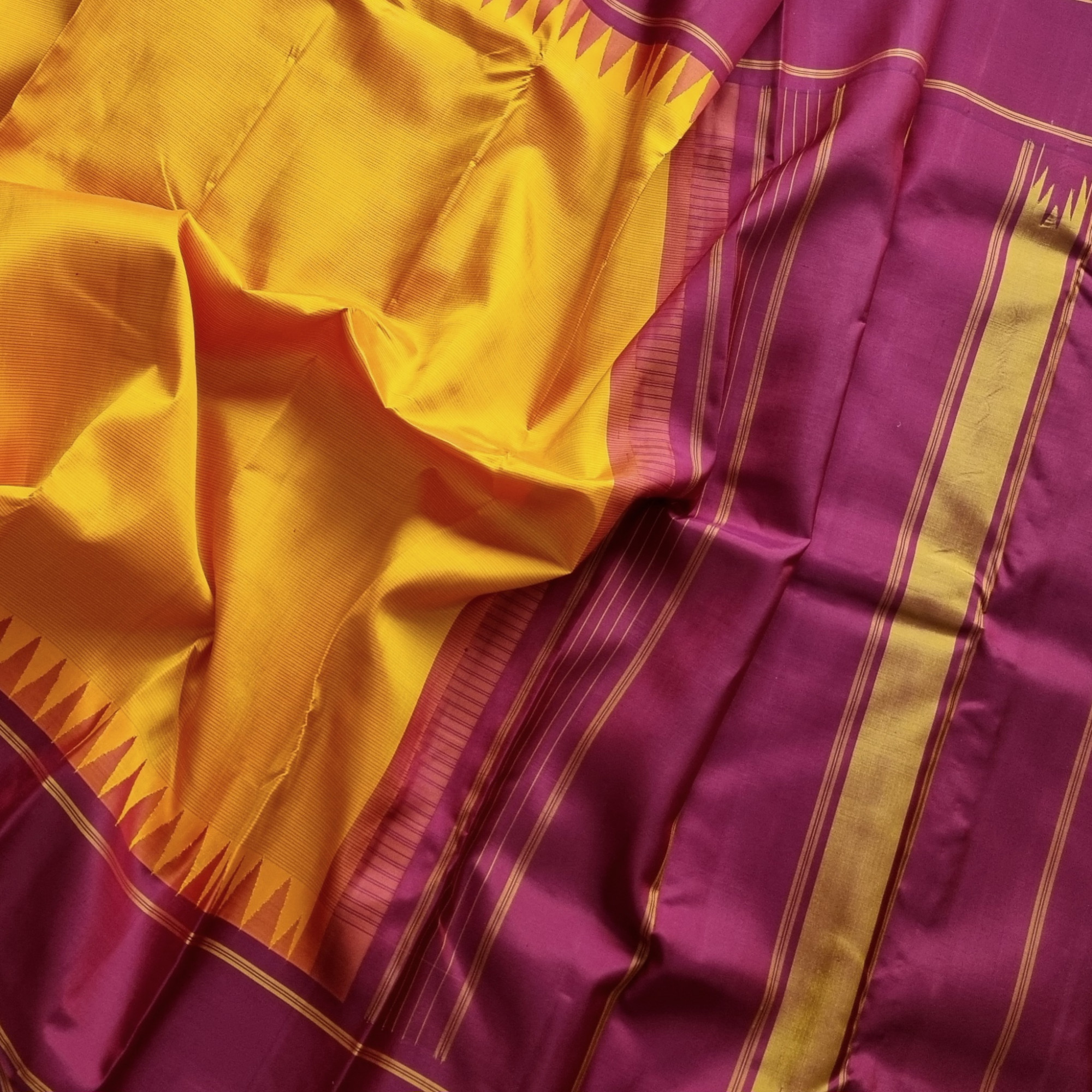 Kanjivaram Silk Korvai yellow stripes