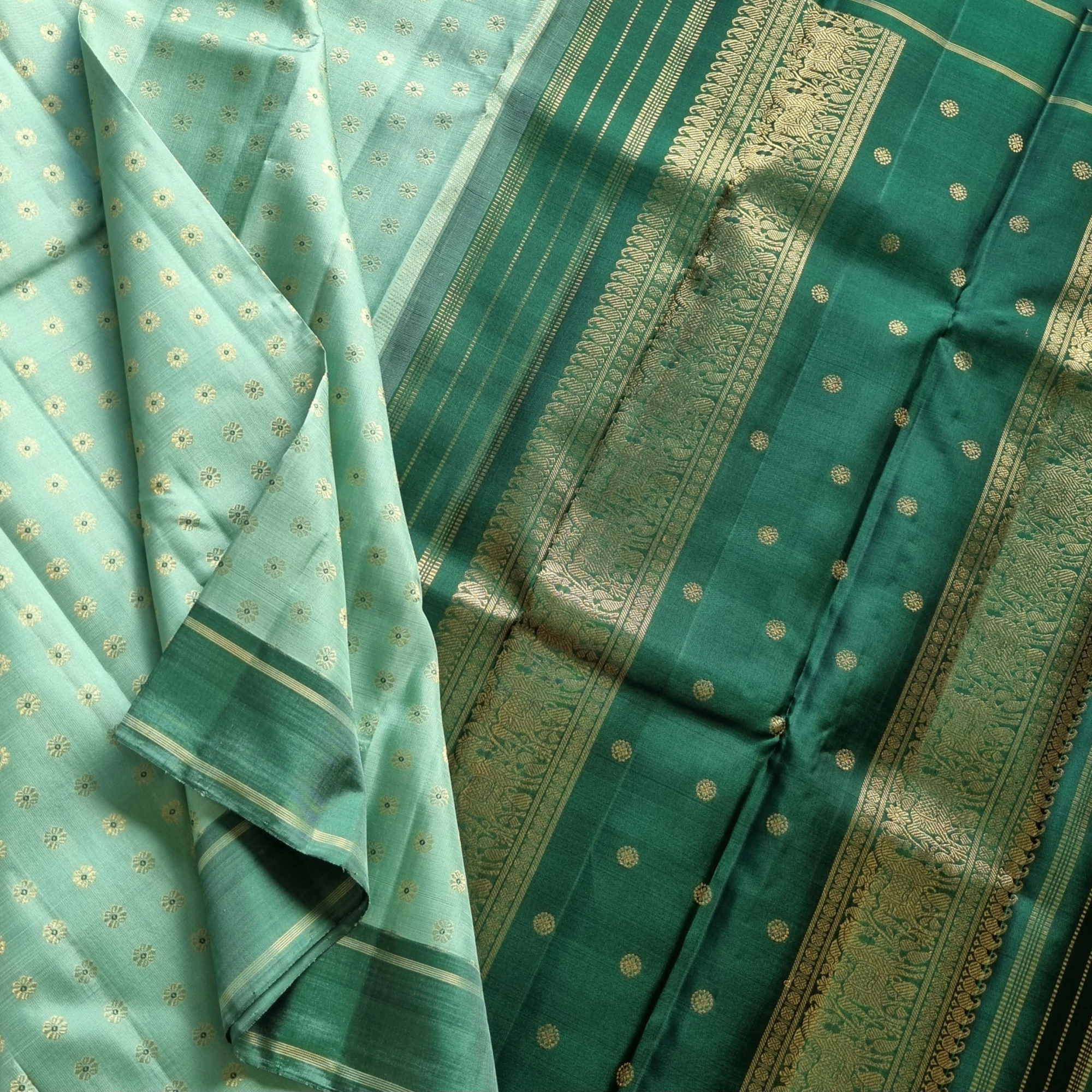 Kanjivaram Silk pastel mint green Meenakari
