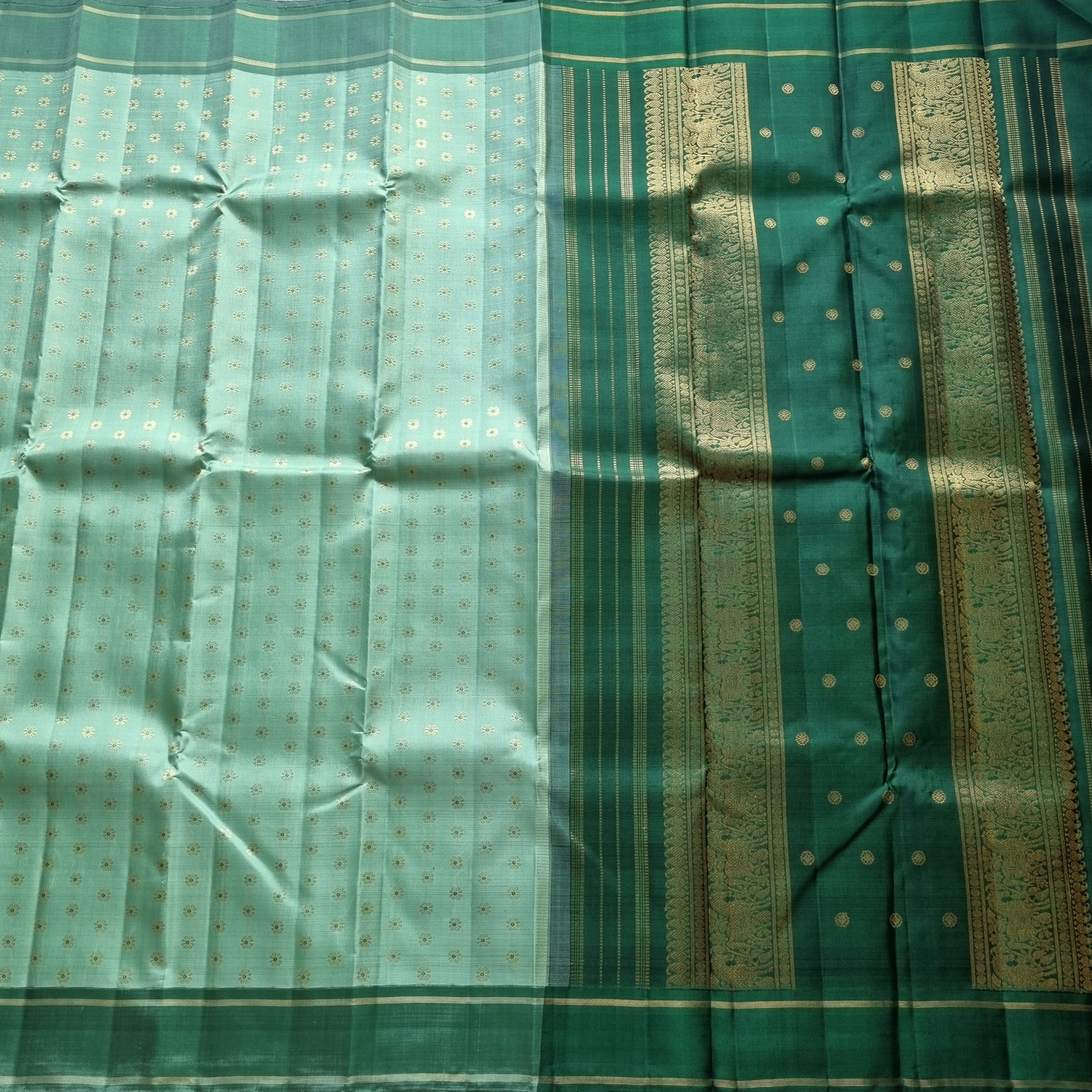 Kanjivaram Silk pastel mint green Meenakari