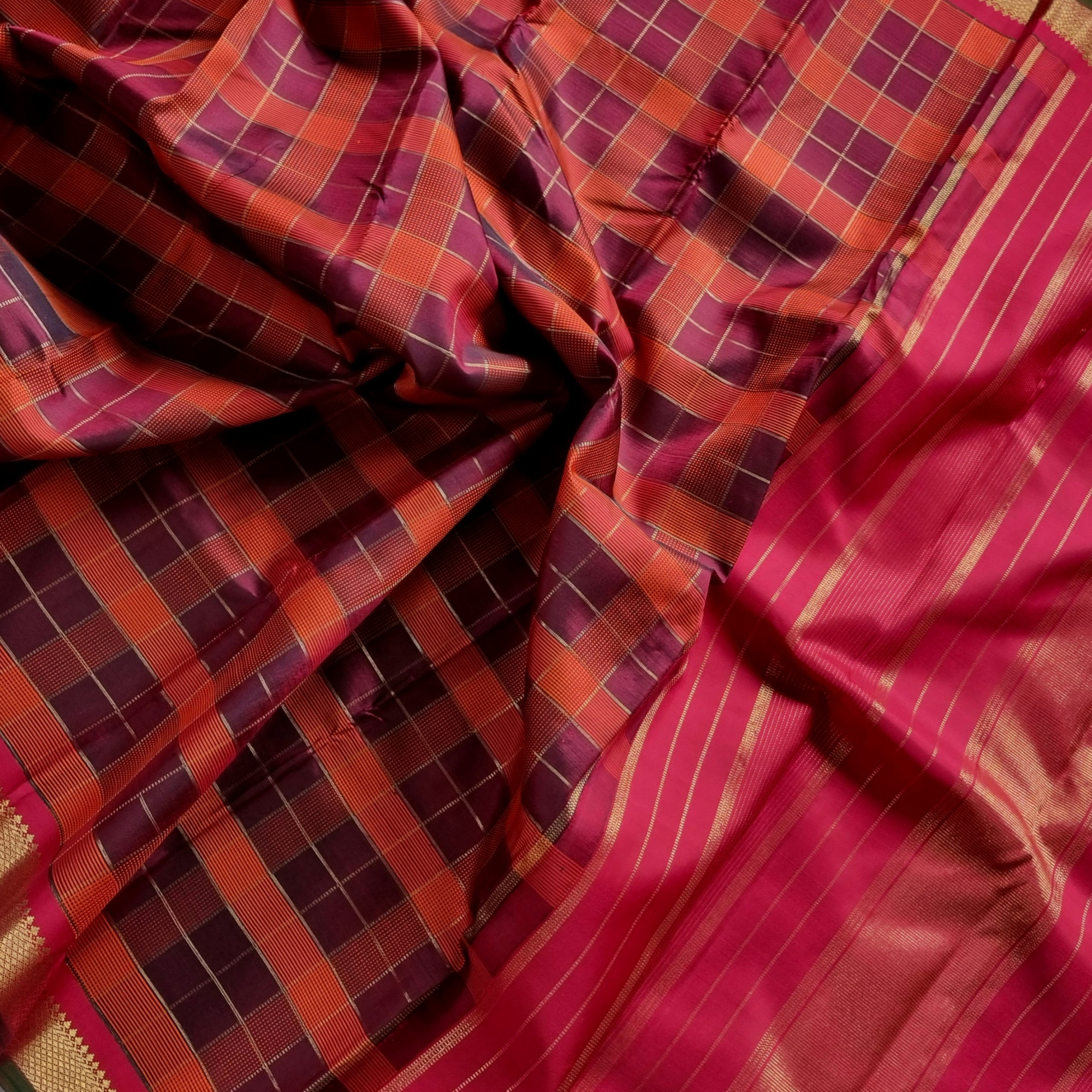 Kanjivaram Silk zari kattam maroon and rust