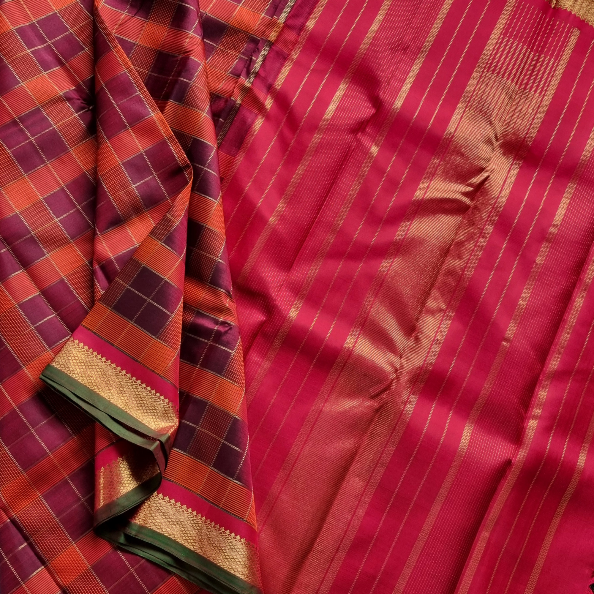 Kanjivaram Silk zari kattam maroon and rust