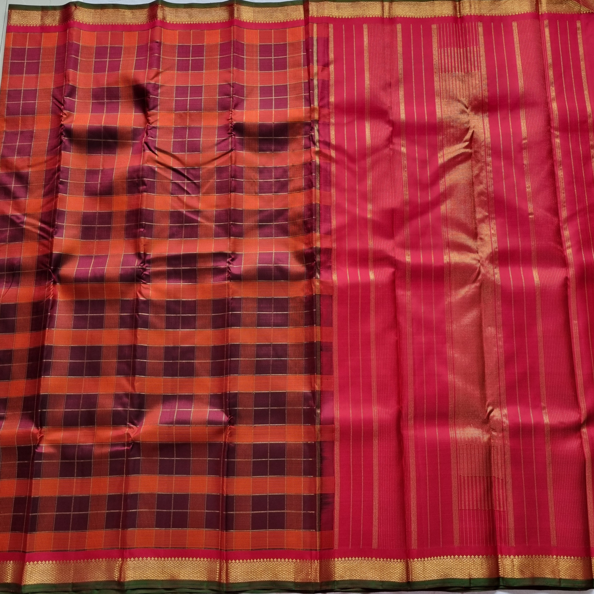 Kanjivaram Silk zari kattam maroon and rust