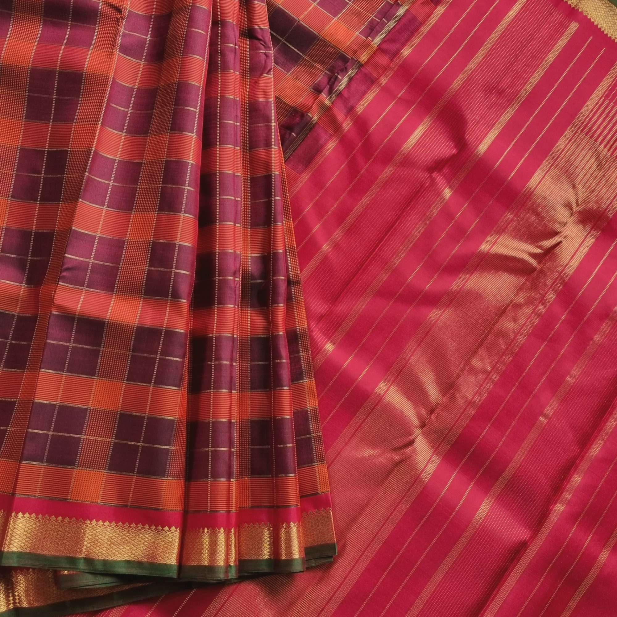 Kanjivaram Silk zari kattam maroon and rust
