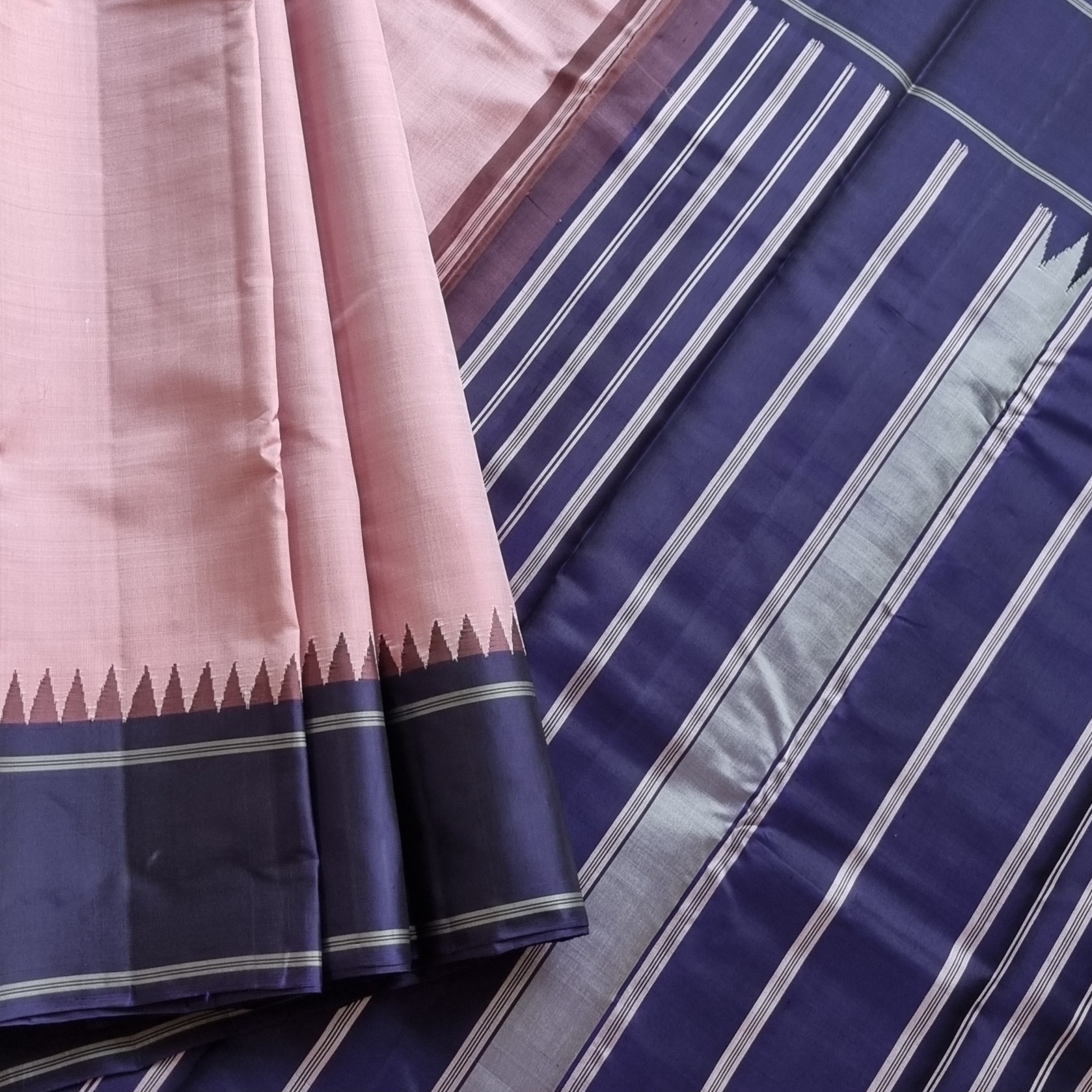Kanjivaram Silk Korvai pastel pink and blue