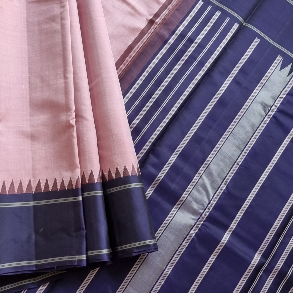 Image of Kanjivaram Silk Korvai pastel pink and blue