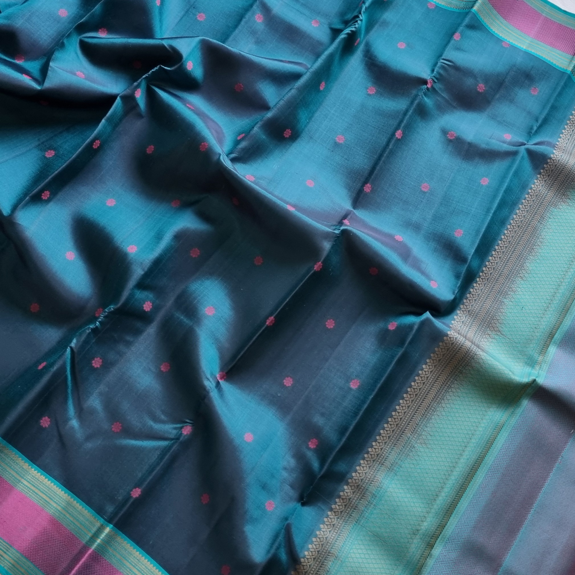 Kanjivaram silk saree deep teal threadwork