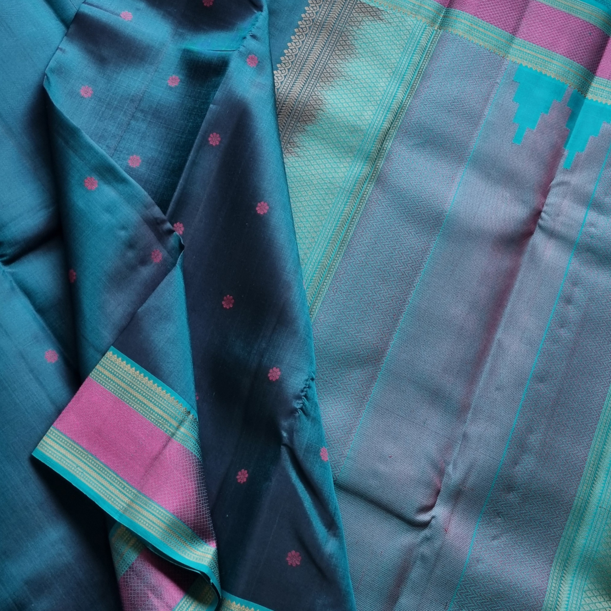 Kanjivaram silk saree deep teal threadwork