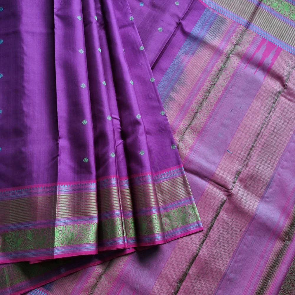 Image of Kanjivaram Silk deep purple threadwork