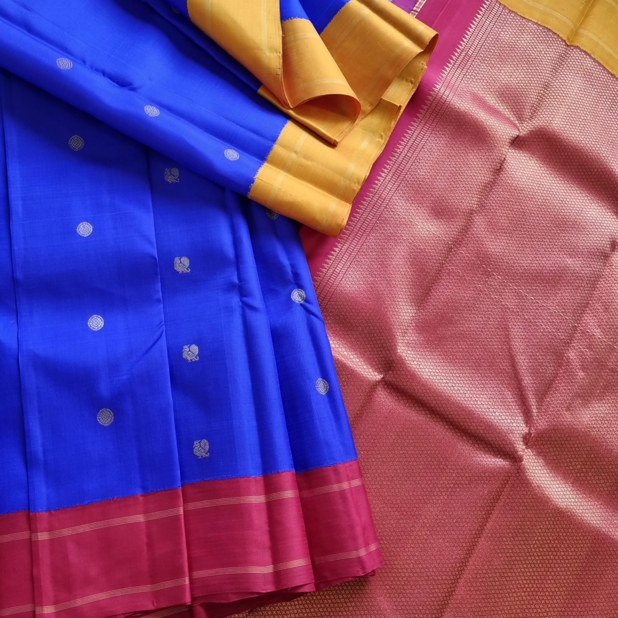 Kanjivaram silk  MS blue Kai Korvai Ganga Jamuna borders and  Adai weaving