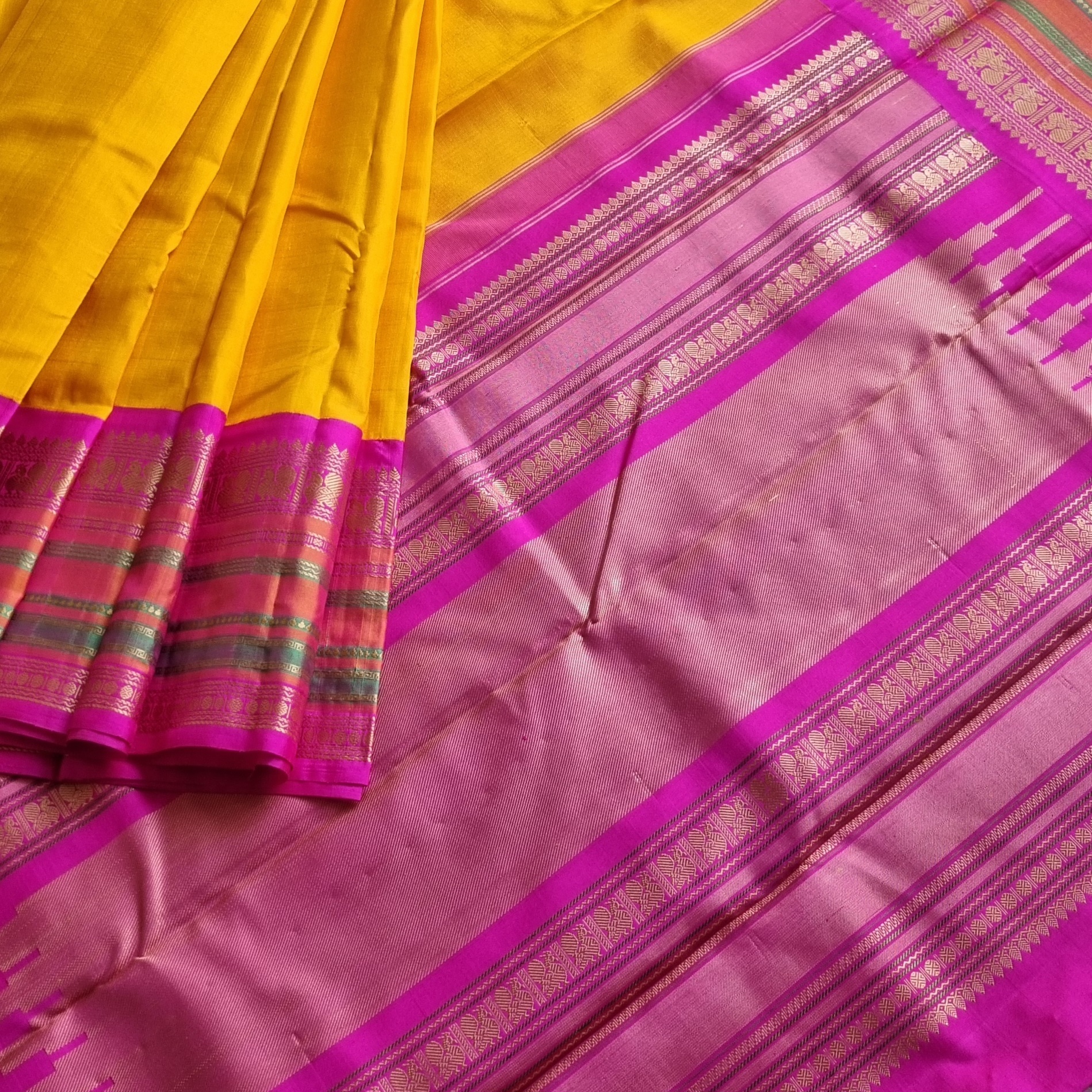 Kanjivaram Silk  festive yellow and pink Korvai threadwork