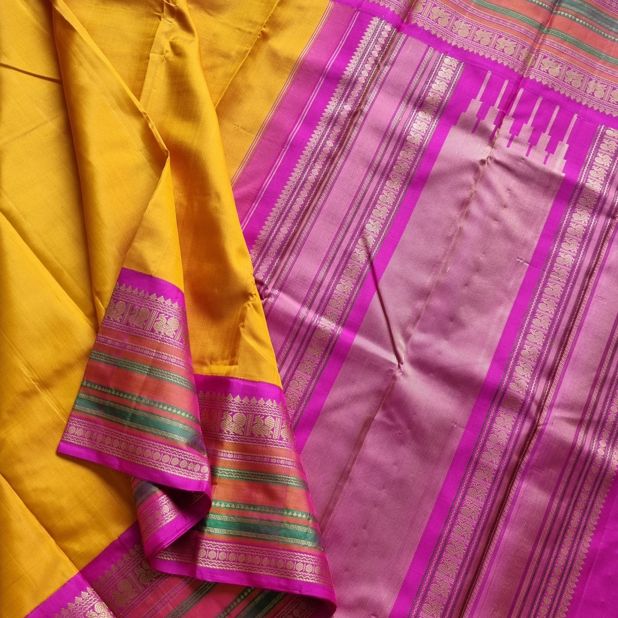 Kanjivaram Silk  festive yellow and pink Korvai threadwork