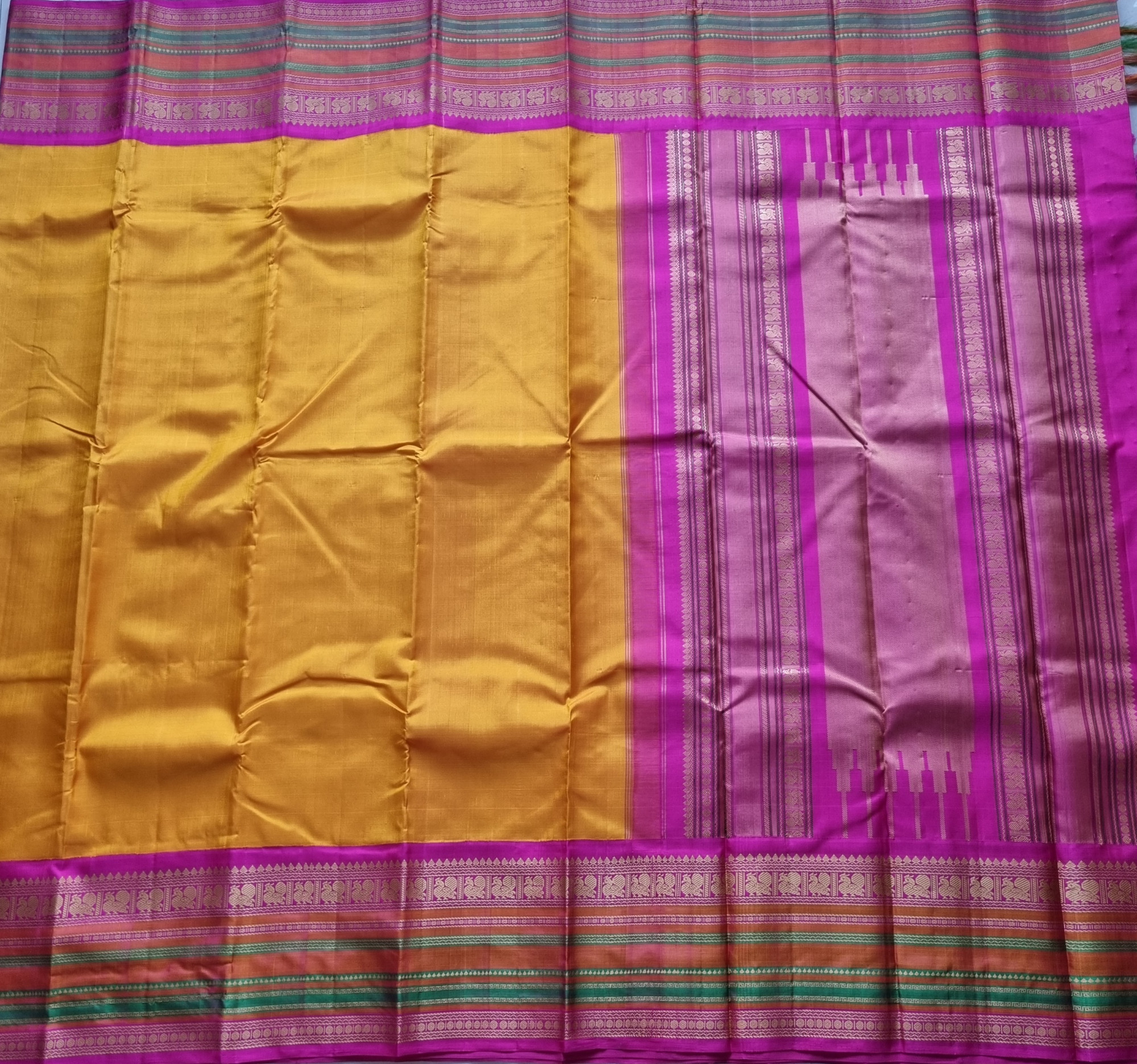 Kanjivaram Silk  festive yellow and pink Korvai threadwork