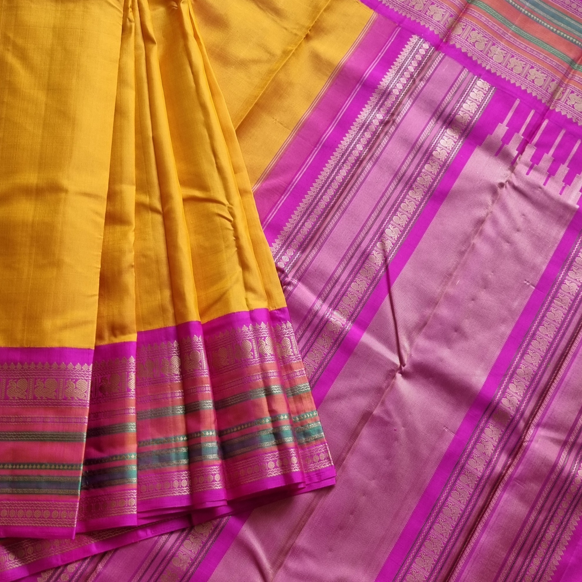 Kanjivaram Silk  festive yellow and pink Korvai threadwork