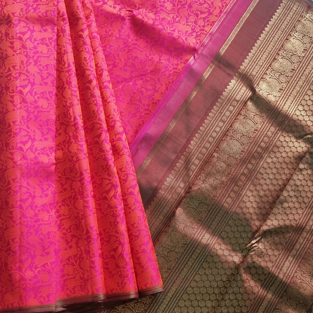 Image of Kanjivaram Silk Vanasingaram festive pink and orange