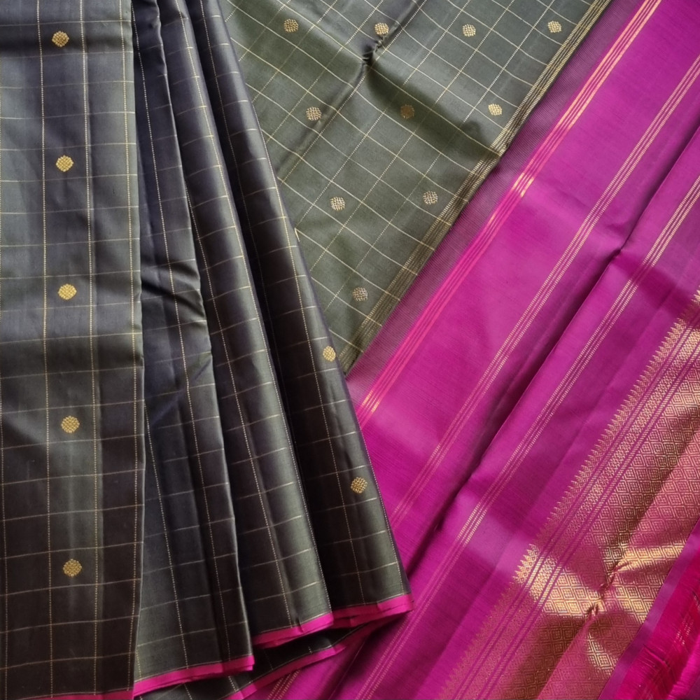 Image of Kanjivaram Silk unique blackish green zari checks with buttas