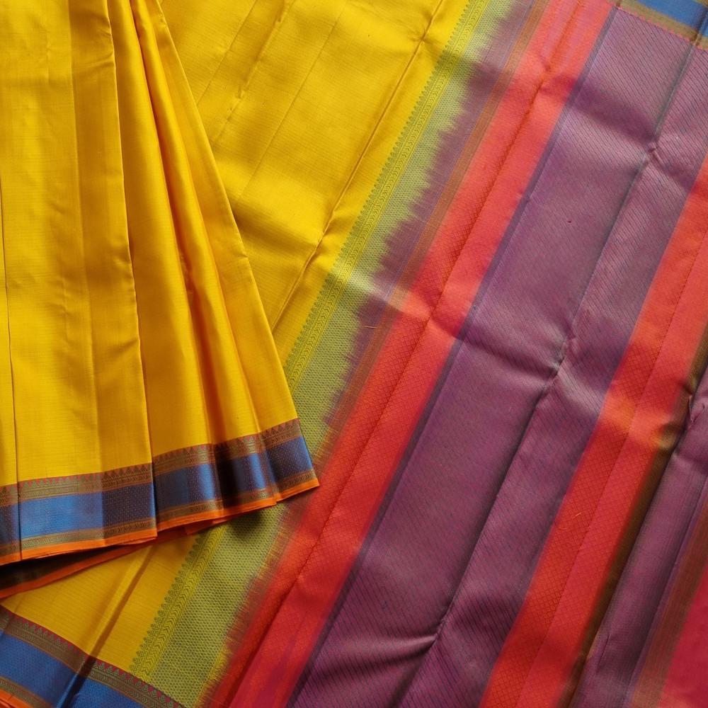 Image of Kanjivaram Silk yellow threadwork
