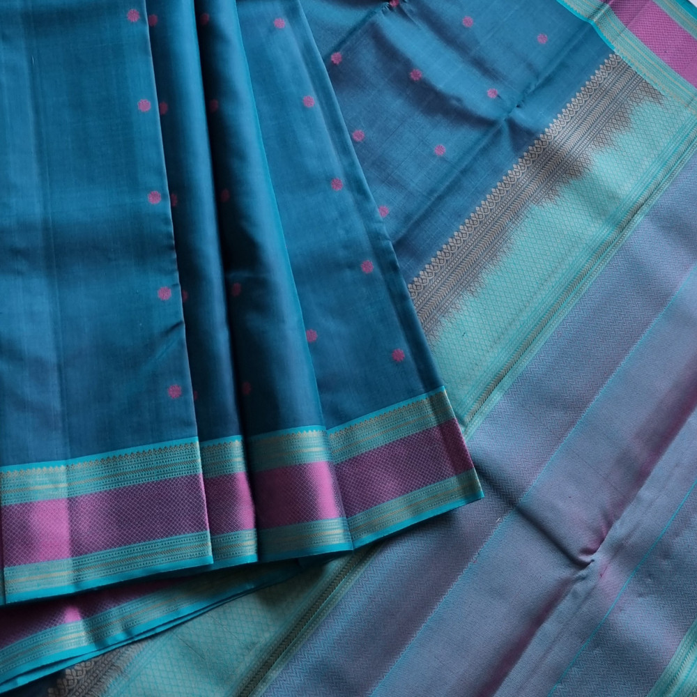 Image of Kanjivaram silk saree deep teal threadwork