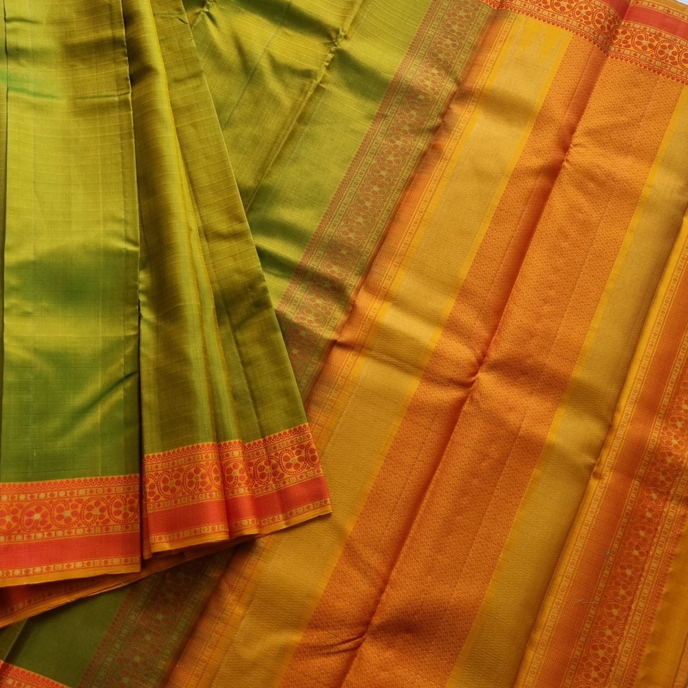 Image of Kanjivaram Silk shot green Meenakari threadwork