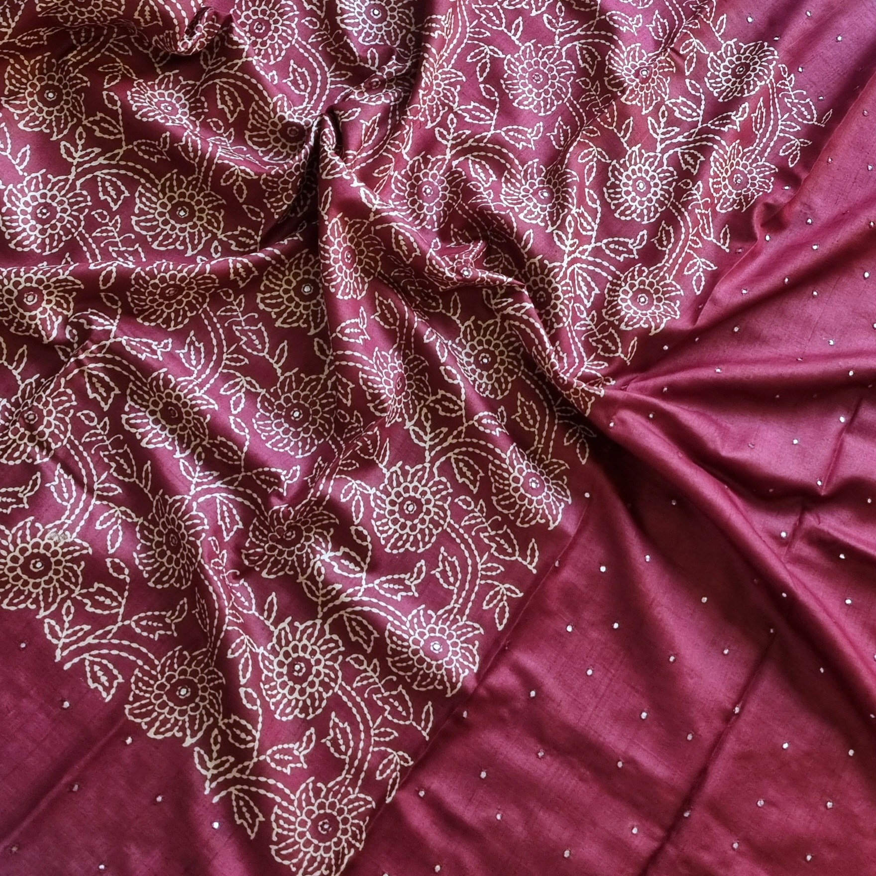 Tussar Block printed  with mirrorwork