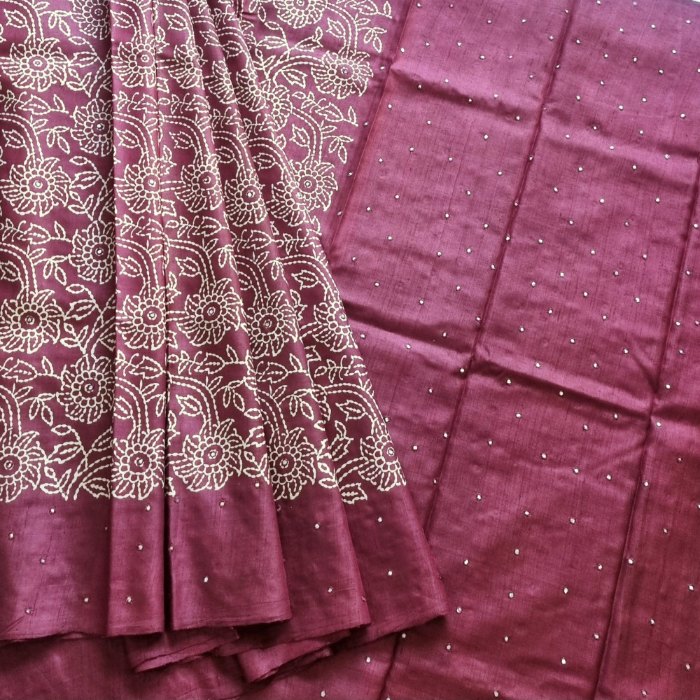 Image of Tussar Block printed  with mirrorwork