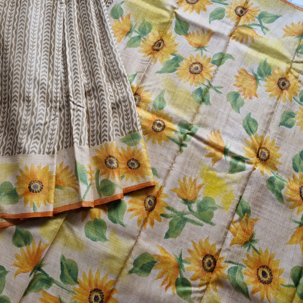Image of Tussar block printed with handpainted sunflowers on borders and pallu