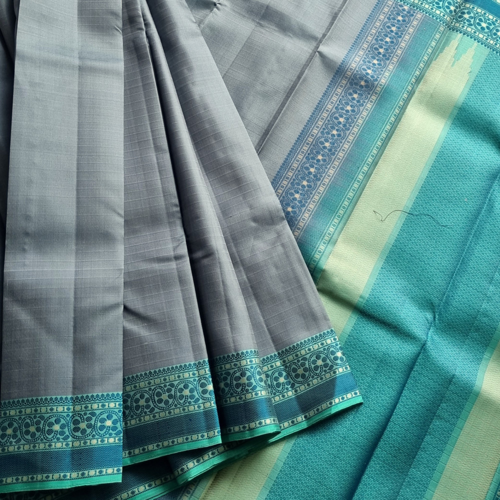 Image of Kanjivaram Silk bluish grey Meenakari threadwork