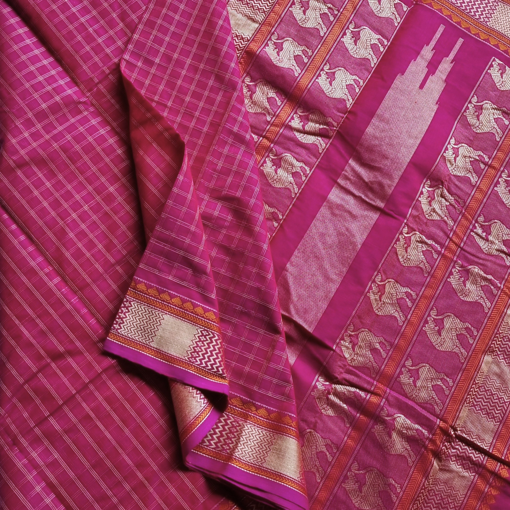 Kanchi Cotton deep pink checked with Yali on pallu
