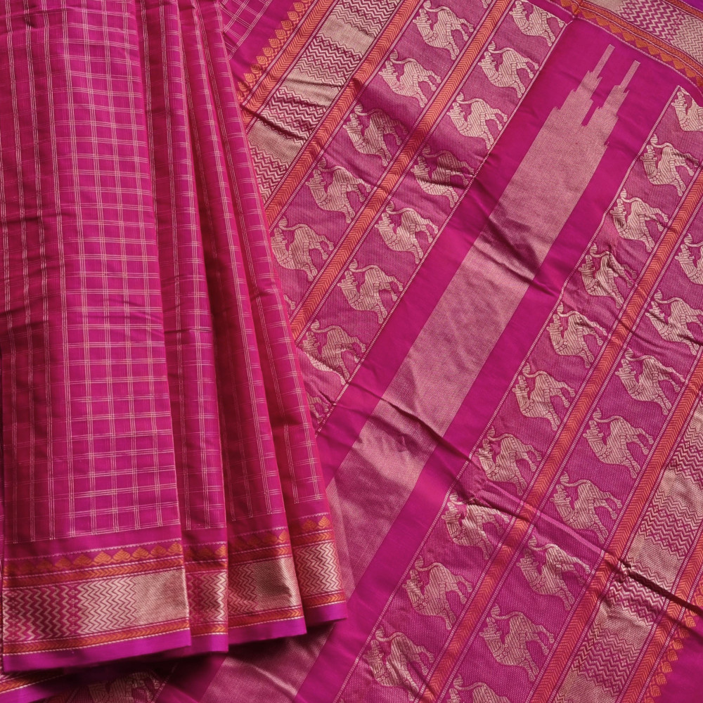 Image of Kanchi Cotton deep pink checked with Yali on pallu