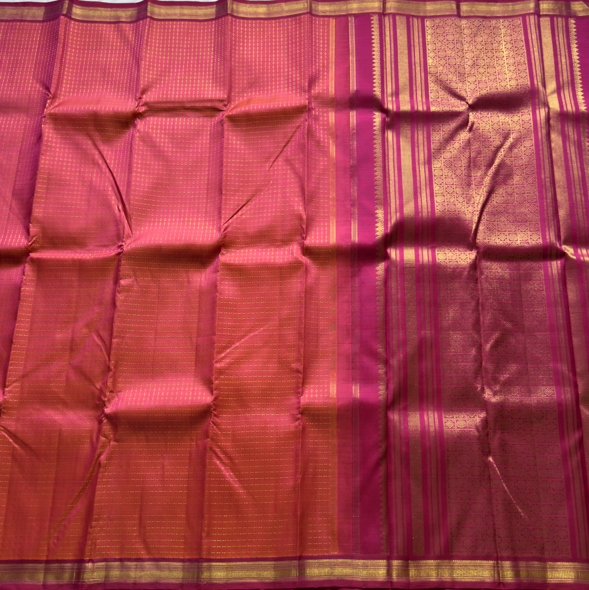 Kanjivaram Silk shot pink orange plus buttas