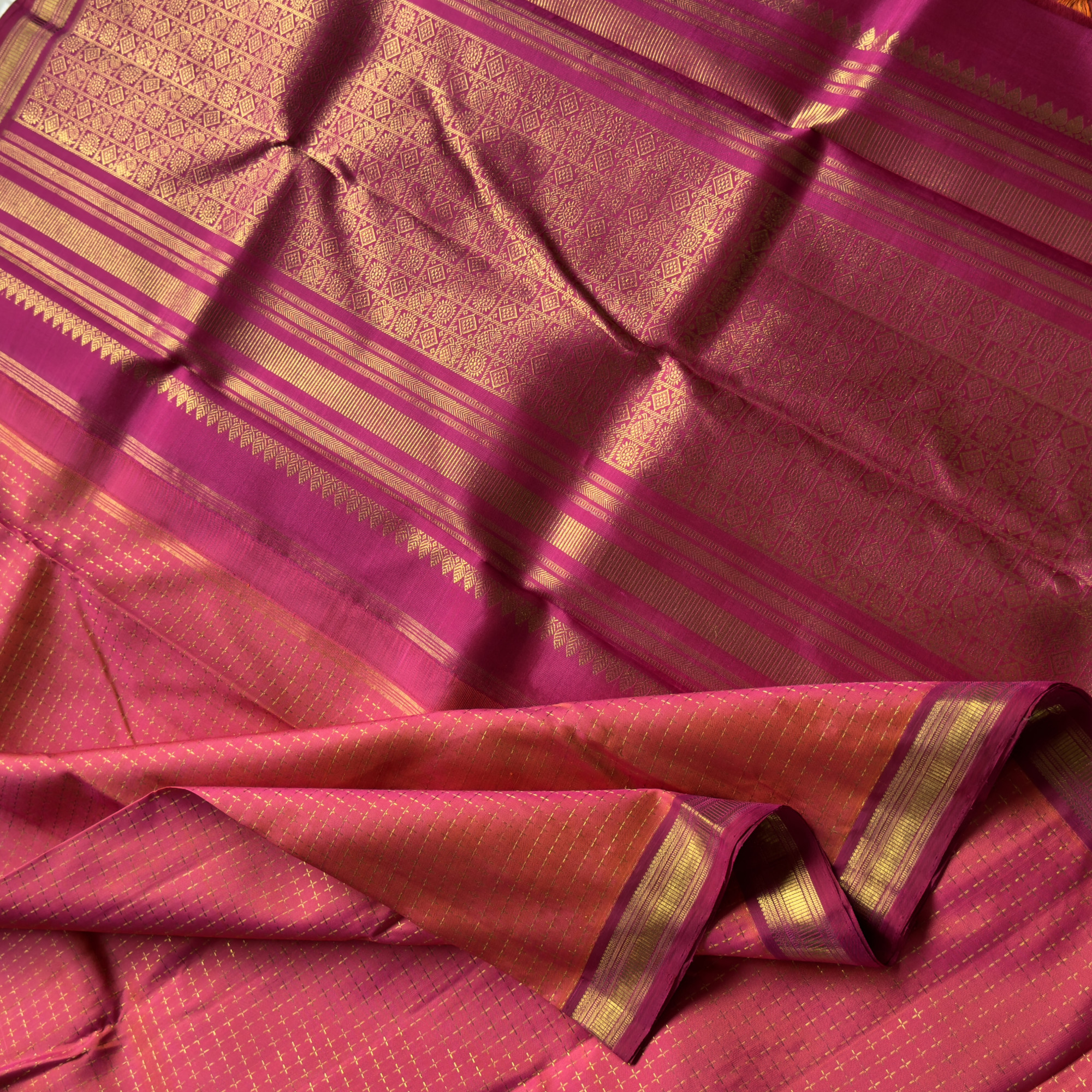 Kanjivaram Silk shot pink orange plus buttas