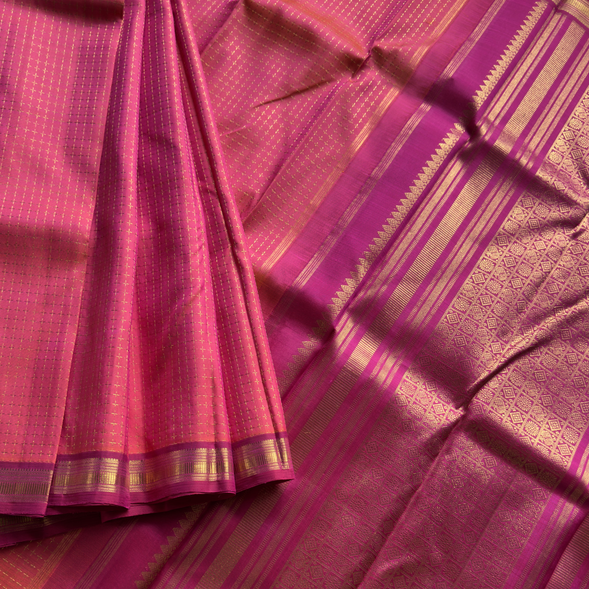 Kanjivaram Silk shot pink orange plus buttas