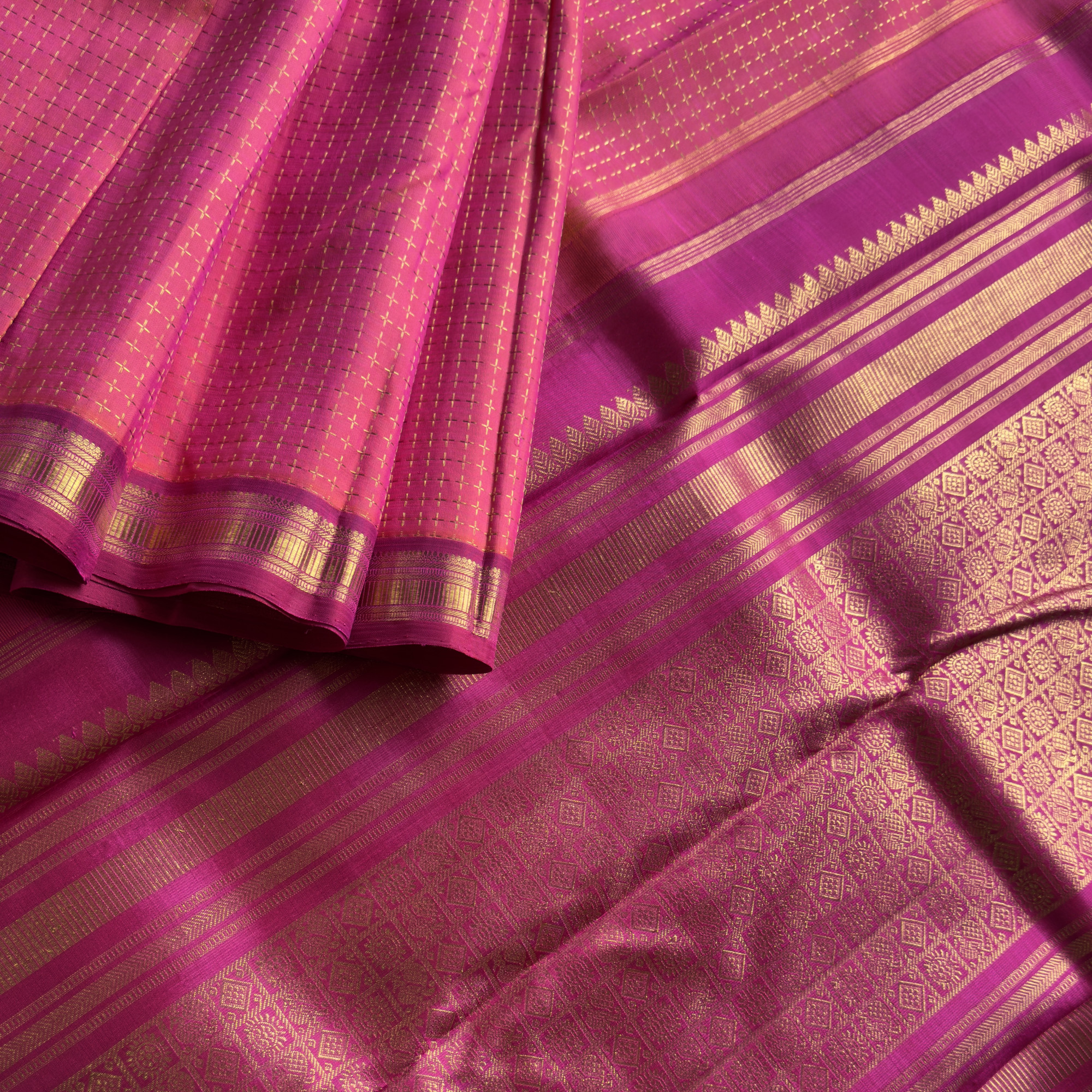 Kanjivaram Silk shot pink orange plus buttas