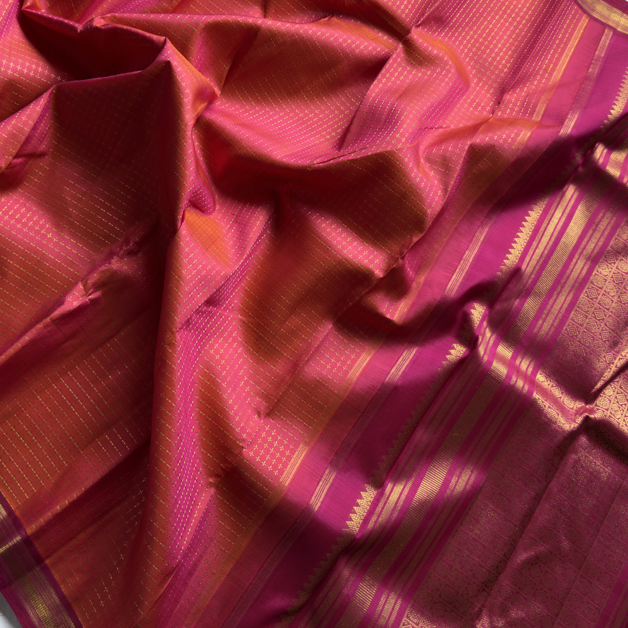 Kanjivaram Silk shot pink orange plus buttas