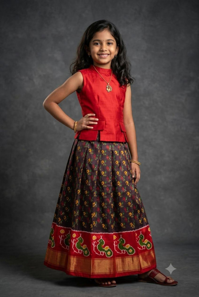 Image of Ikkat Pure Silk Medium Size Lehenga