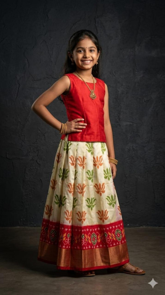 Image of Ikkat Pure Silk Medium Size Lehenga