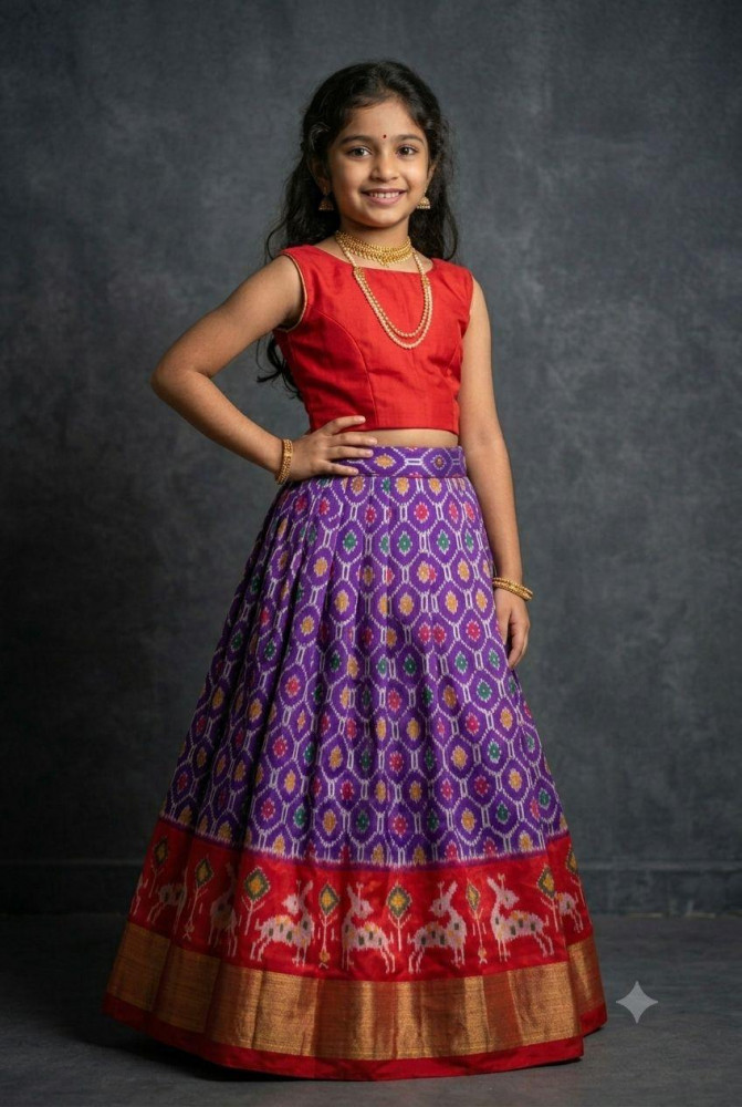 Image of Ikkat Pure Silk Medium Size Lehenga